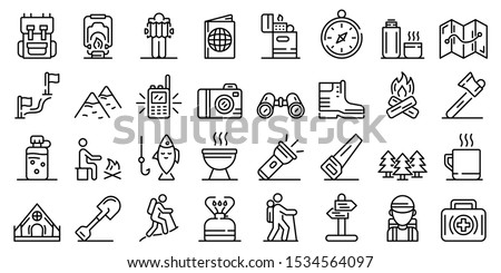 Hiking icons set. Outline set of hiking vector icons for web design isolated on white background