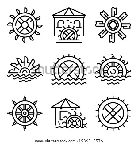 Water mill icons set. Outline set of water mill vector icons for web design isolated on white background