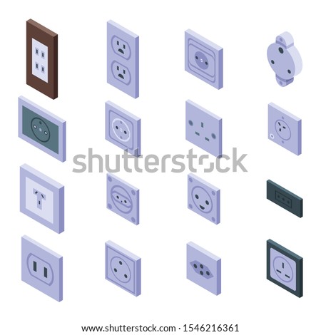 Power socket icons set. Isometric set of power socket vector icons for web design isolated on white background
