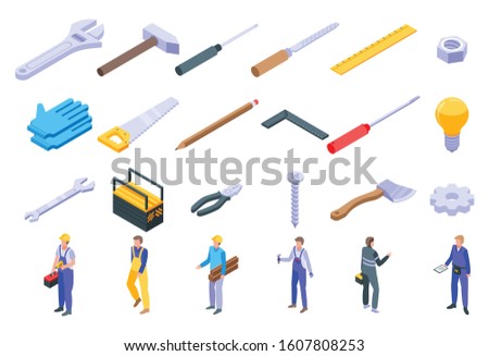 Repairman icons set. Isometric set of repairman vector icons for web design isolated on white background