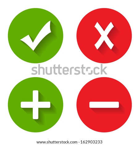 Checkmark icon. Plus and minus mark. Yes, no green and red symbols vector illustration
