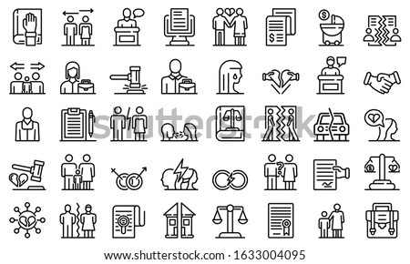 Divorce icons set. Outline set of divorce vector icons for web design isolated on white background