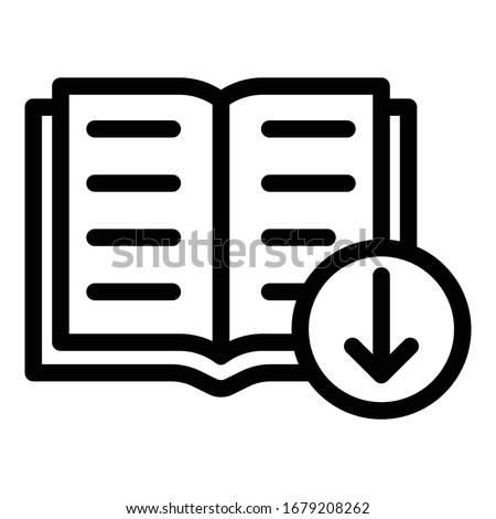 Book and arrow download icon. Outline book and arrow download vector icon for web design isolated on white background