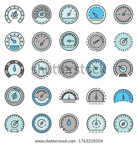 Speedometer icon set. Outline set of speedometer vector icons thin line color flat isolated on white