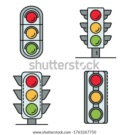 Traffic lights icons set. Outline set of traffic lights vector icons thin line color flat isolated on white