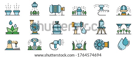 Irrigation system icons set. Outline set of irrigation system vector icons thin line color flat isolated on white