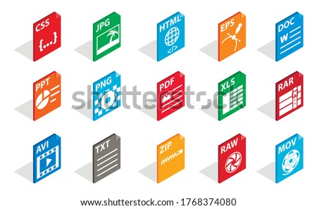 Files type icon set. Isometric set of files type vector icons for web isolated on white background