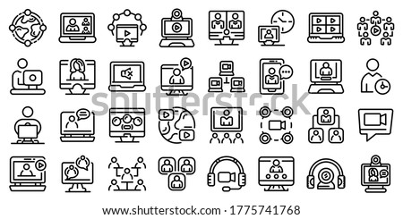 Online meeting icons set. Outline set of online meeting vector icons for web design isolated on white background