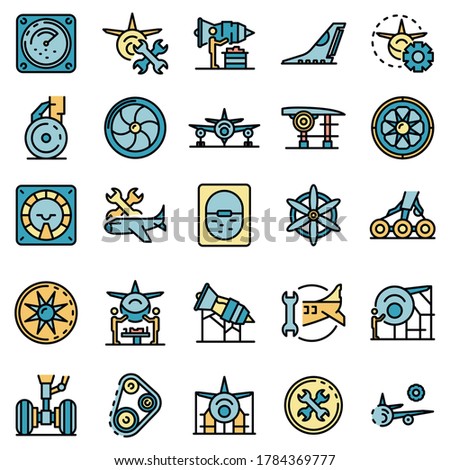 Aircraft repair icons set. Outline set of aircraft repair vector icons thin line color flat on white