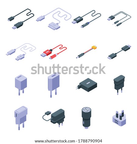 Charger icons set. Isometric set of charger vector icons for web design isolated on white background