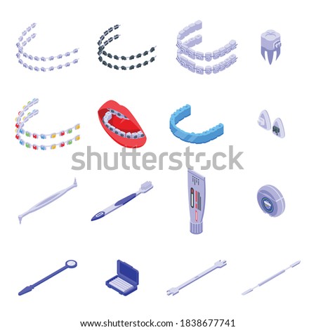 Tooth braces icons set. Isometric set of tooth braces vector icons for web design isolated on white background