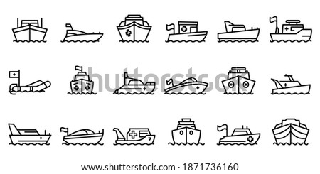 Rescue boat icons set. Outline set of rescue boat vector icons for web design isolated on white background