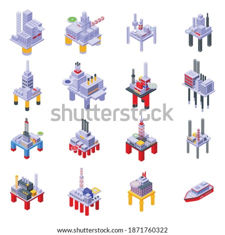 Sea drilling rig icons set. Isometric set of sea drilling rig vector icons for web design isolated on white background