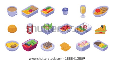 Airline food icons set. Isometric set of airline food vector icons for web design isolated on white background