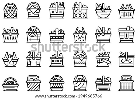 Picnic basket icons set. Outline set of picnic basket vector icons for web design isolated on white background