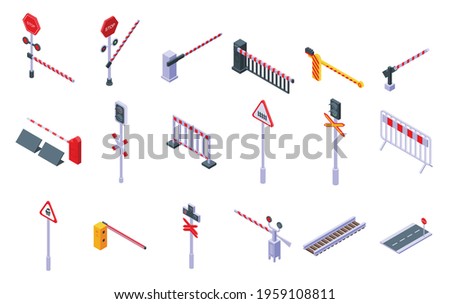 Railroad barrier icons set. Isometric set of railroad barrier vector icons for web design isolated on white background Сток-фото © 