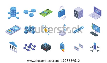Block chain icons set. Isometric set of block chain vector icons for web design isolated on white background