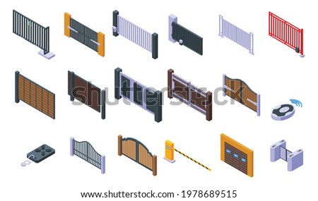 Automatic gate icons set. Isometric set of automatic gate vector icons for web design isolated on white background