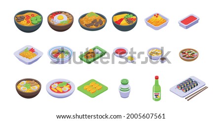 Korean cuisine icons set. Isometric set of korean cuisine vector icons for web design isolated on white background