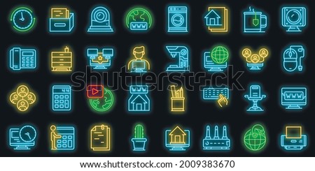Home office icons set. Outline set of home office vector icons neon color on black