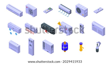 Repair air conditioner icons set isometric vector. Install heat. Industrial air