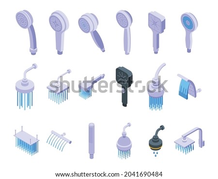 Shower heads icons set isometric vector. Water bathroom. Falling hose