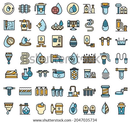 Equipment for water purification icons set. Outline set of equipment for water purification vector icons thin line color flat isolated on white