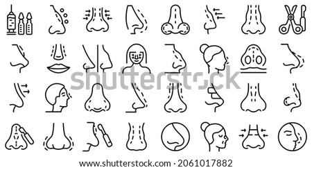 Rhinoplasty icons set outline vector. Human nose. Closed adjustment