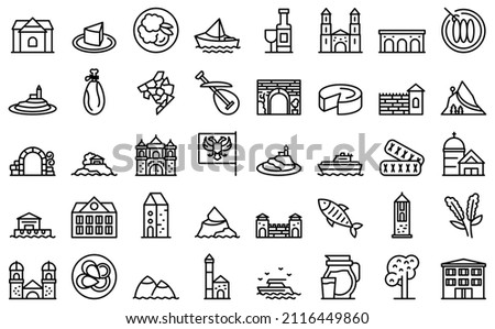 Montenegro icons set outline vector. Country area. Atlas building