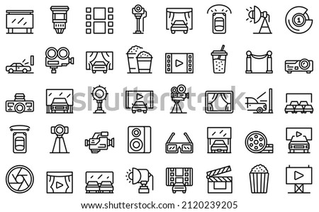 Drive-in cinema icons set outline vector. Drive auto. Car open