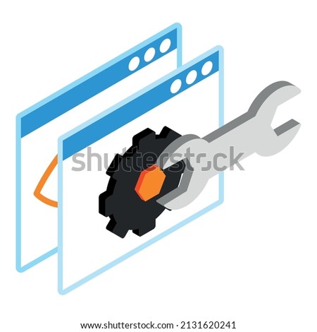 Website setup icon isometric vector. Web page with wrench, turning black gear. Creation, development and setup internet site, digital marketing