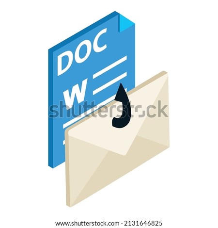 Phishing icon isometric vector. Hooked closed mail envelope and doc file format. Scam mail, web phishing, cyber crime