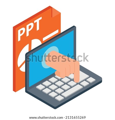 Internet fraud icon isometric vector. Hand from screen presses button, ppt file. Online scam, internet security, data protection