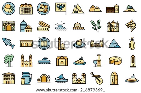 Montenegro icons set outline vector. Country area. Atlas building thin line color flat on white