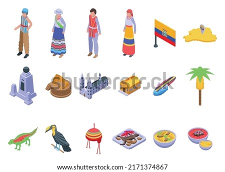 Ecuador icons set isometric vector. America flag. City banana