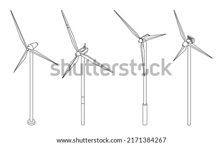 Wind turbine icons set. Isometric set of wind turbine vector icons outline isolated on white background