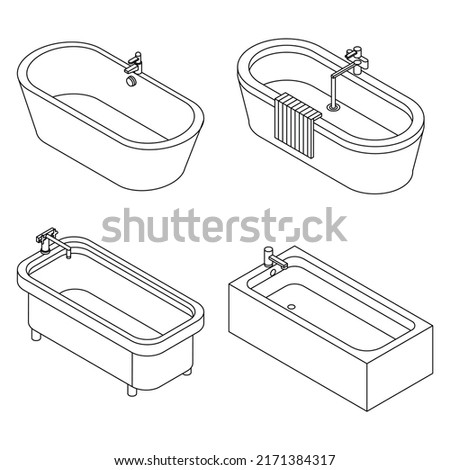 Bathtub icon set. Isometric set of bathtub vector icons outline isolated on white background