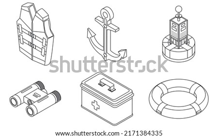 Sea safety icons set. Isometric set of sea safety vector icons outline isolated on white background