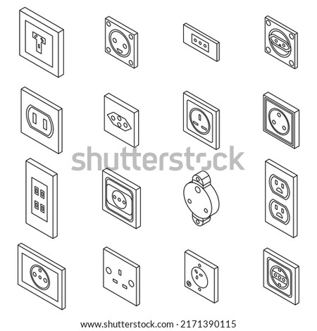 Power socket icons set. Isometric set of power socket vector icons outline isolated on white background