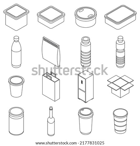 Food storage icons set. Isometric set of food storage vector icons thin line outline on white isolated