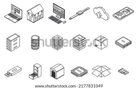 Storage icons set. Isometric set of storage vector icons thin line outline on white isolated
