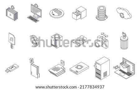 Backups icons set. Isometric set of backups vector icons thin line outline on white isolated