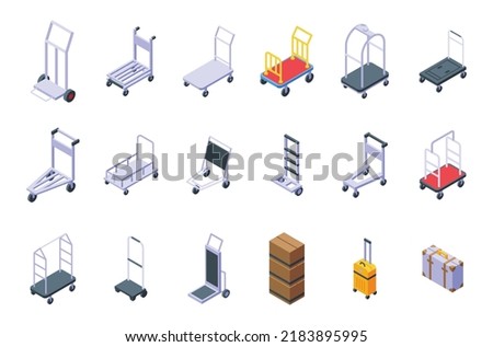 Luggage trolley icons set isometric vector. Business bag. Carriage suitcase