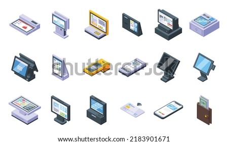 Touchscreen cash register icons set isometric vector. Self checkout. Machine service