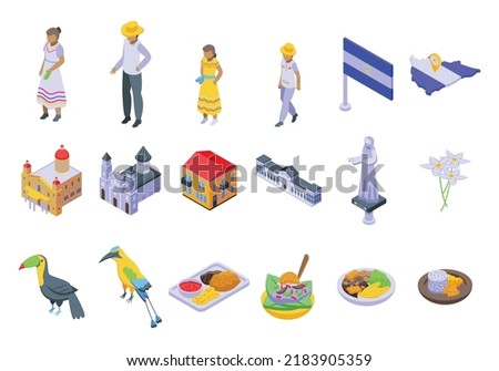 Nicaragua icons set isometric vector. America flag. Freedom celebration