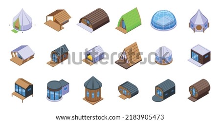 Glamping icons set isometric vector. Adventure tent. Camping forest