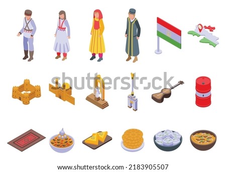 Tajikistan icons set isometric vector. Asia architecture. Flag map