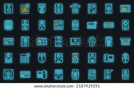 Video intercom icons set outline vector. Door phone. Alarm call vector neon