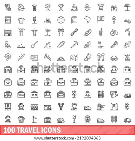 100 travel icons set. Outline illustration of 100 travel icons vector set isolated on white background