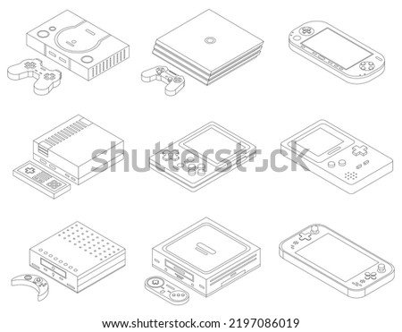 Console icons set. Isometric set of console vector icons outline thin lne isolated on white
